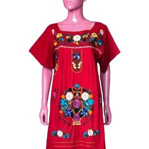 Vintage 70s M Mexican Dress Red Midi Hand Embroidered Puebla Floral Butterfly